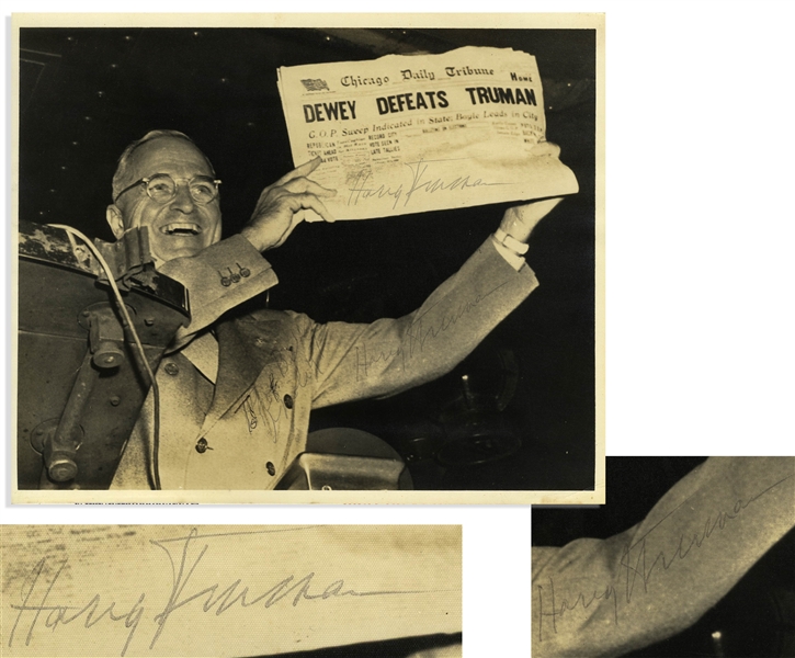 Harry Truman Twice-Signed 10'' x 8'' Photograph, Famously Showing Truman Holding Up the ''Dewey Defeats Truman'' Newspaper -- Original UPI Press Photo -- With University Archives COA